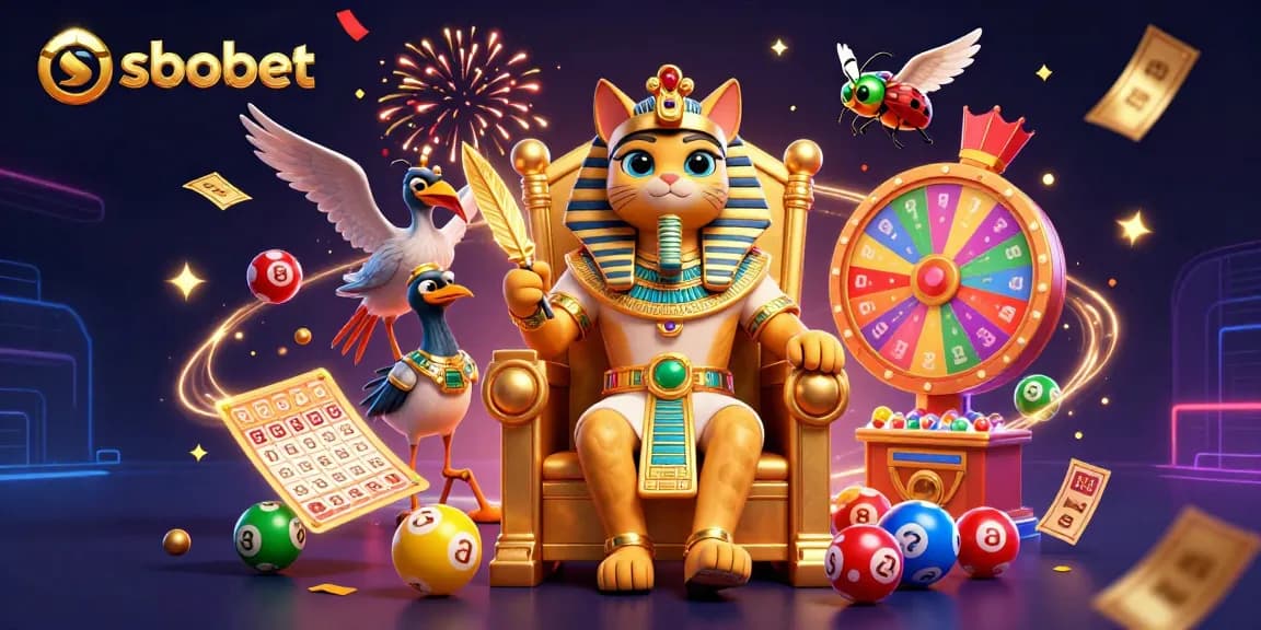 Sbobet showcases vibrant lottery-themed celebration with dynamic gaming elements and characters.