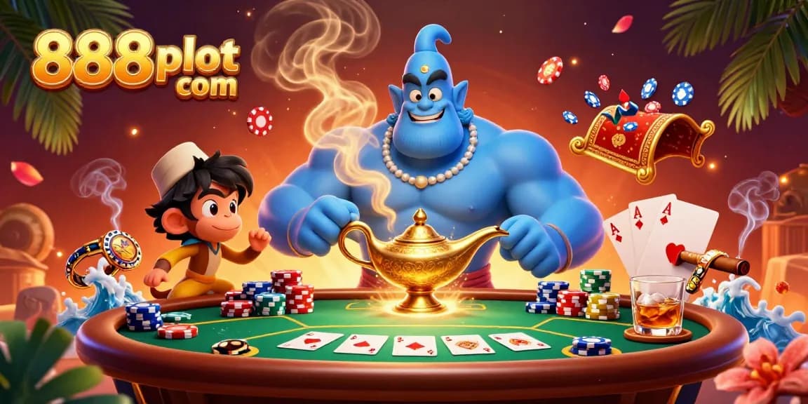 Engage with 888slot com featuring a muscular genie and poker chips in a vibrant, dynamic casino illustration.