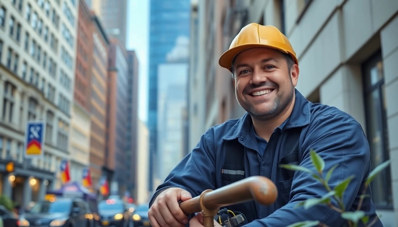 Efficient NYC emergency plumber & sewer addressing a burst pipe in a busy urban setting.