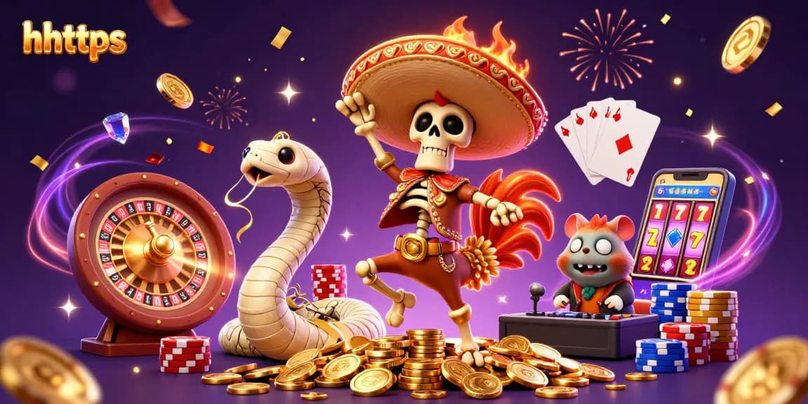 Experience hhttps with a vibrant scene of a mariachi rooster dancing amidst golden coins and casino elements.