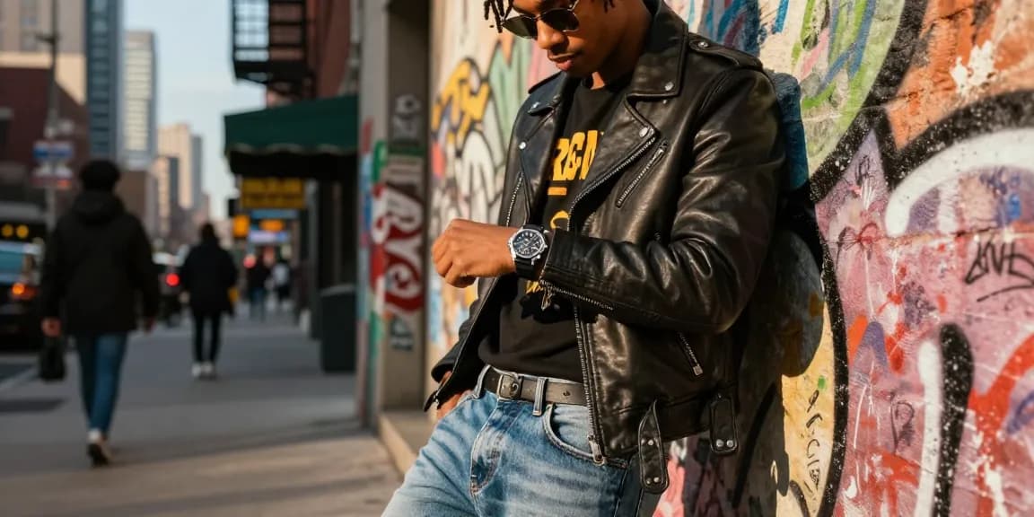 A fashionable individual in a leather jacket checks their replica watch against a vibrant urban backdrop.