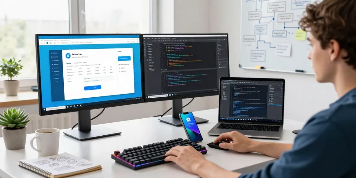 Engaging workspace showing the Telegram Web Version on dual monitors with coding elements and creative notes.