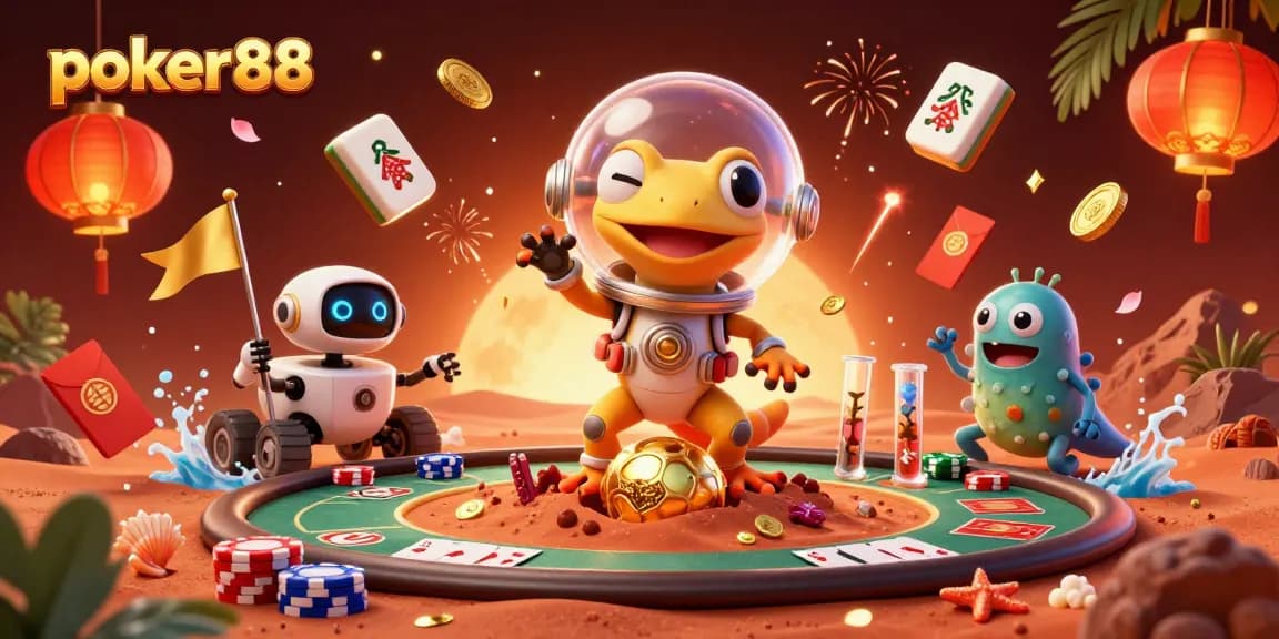 Engage with poker88's thrilling poker experience, highlighted by a vibrant scene of Martian gamblers.