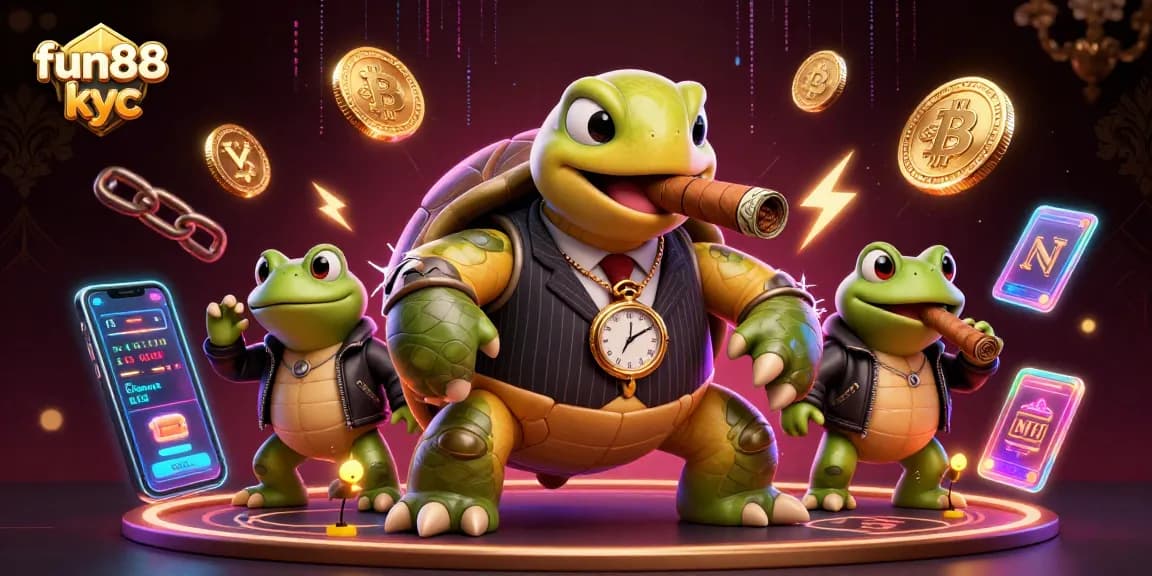 Chơi cá cược an toàn tại Fun88 KYC cùng với rùa đại diện trong bộ vest lịch lãm và các đặc điểm nổi bật.