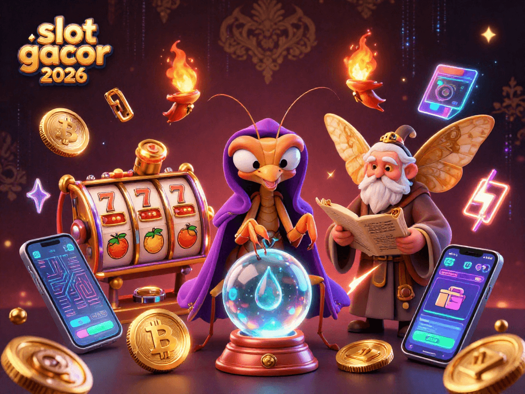 Menangkan jackpot dengan slot gacor 2026 dalam ilustrasi kasino yang dinamis dan berwarna-warni.