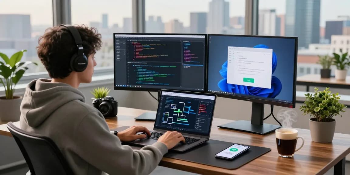 Developer using the open claw AI assistant in a modern workspace, showcasing code and collaboration tools.