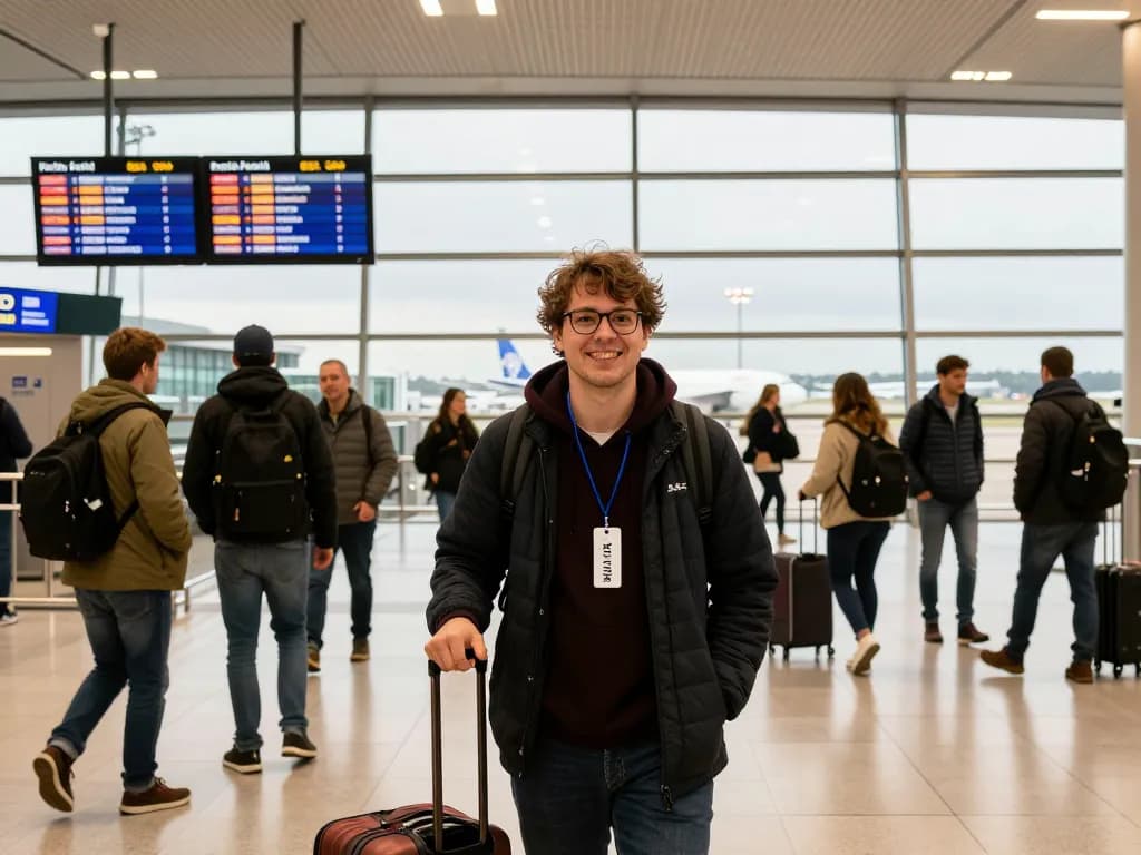 Liverpool John Lennon Airport from Halifax traveler arriving with luggage at busy airport terminal.