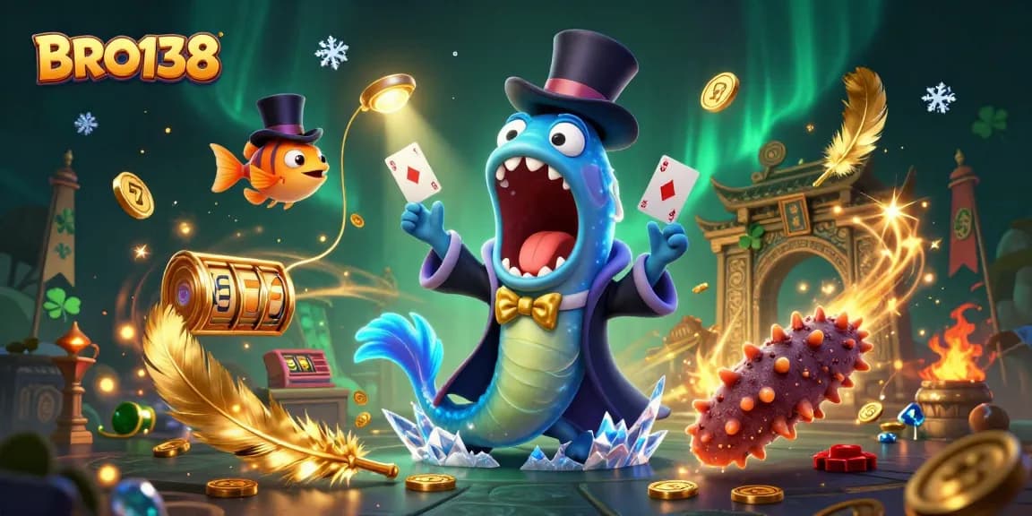 BRO138 offers exciting slot games as a bioluminescent eel performs magic tricks with golden coins swirling around.
