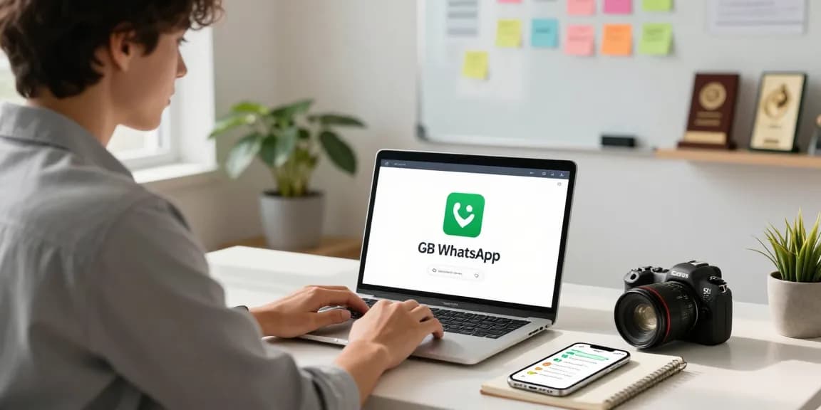 Explore GB WhatsApp features while a professional works in a modern home office.
