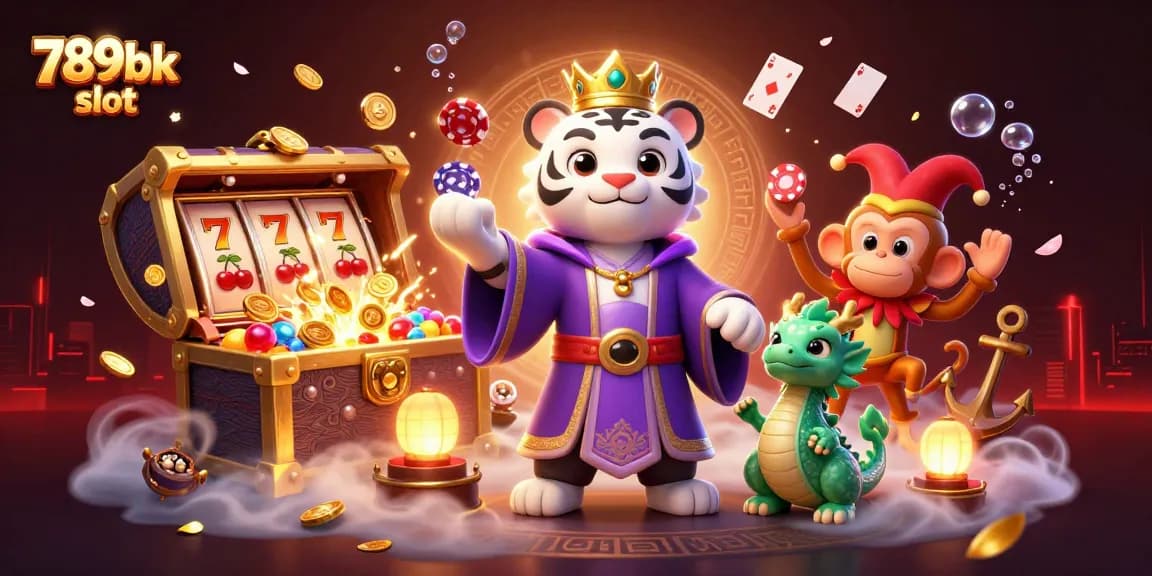 Experience the magic of 789bk slot with vibrant characters celebrating riches in a casino-themed illustration.