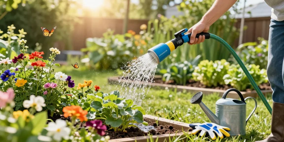 Using a Filterlogic Garden Hose Water Filter while watering vibrant garden plants.