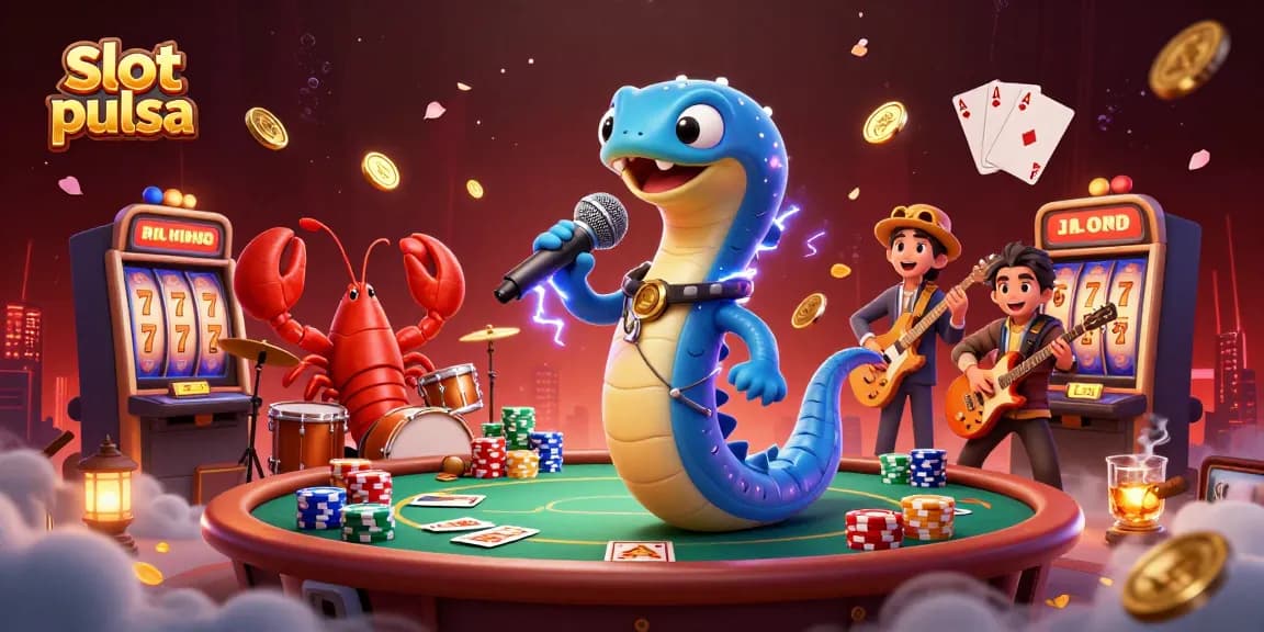 Menangkan slot pulsa di kasino bawah laut yang meriah dengan pistol slot, karakter unik, dan tumpukan chip poker.