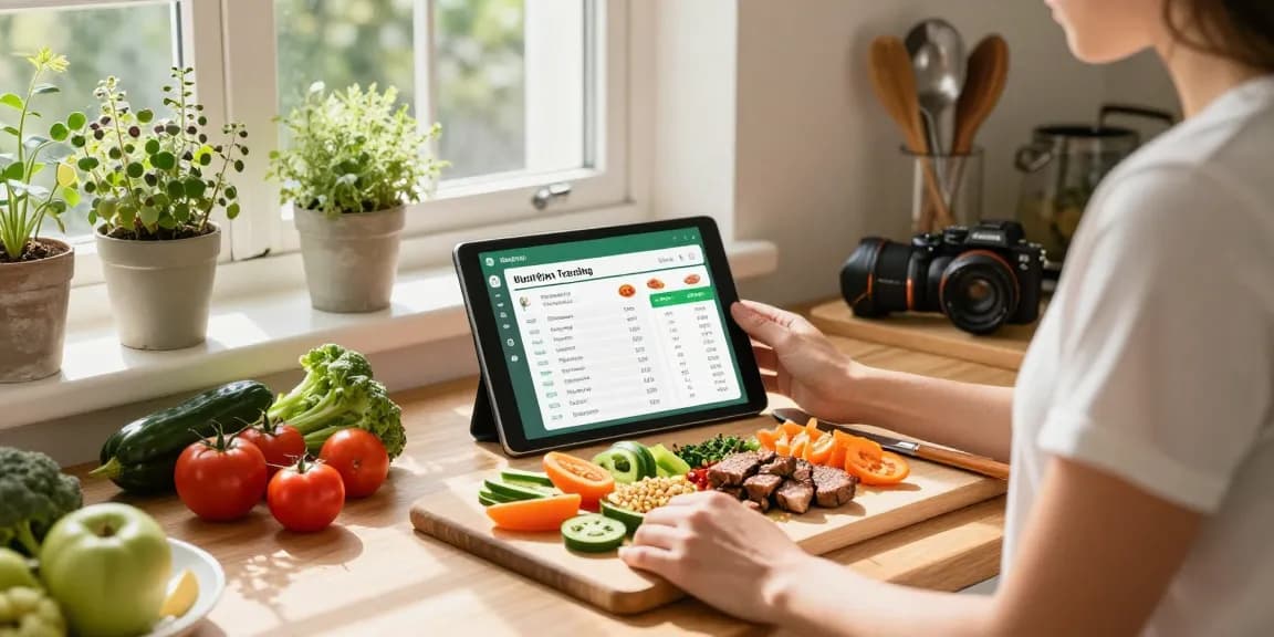 Individual preparing a meal with the best nutrition tracking app displayed on a tablet while using fresh ingredients in a bright kitchen.