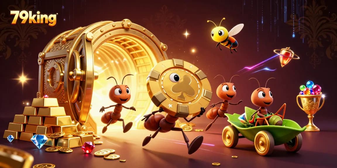 Experience the heist at 79king with ants carrying a giant poker chip, surrounded by gold.