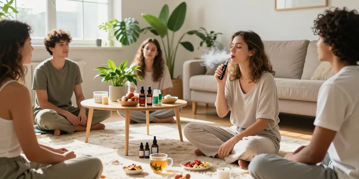 Discover the pure THC vape pen disposable in a community wellness setting, showcasing organic CBD products and a vibrant lifestyle atmosphere.