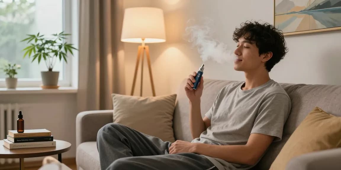 Pure thc vape pen disposable used in a cozy wellness moment with natural hemp elements and CBD products.