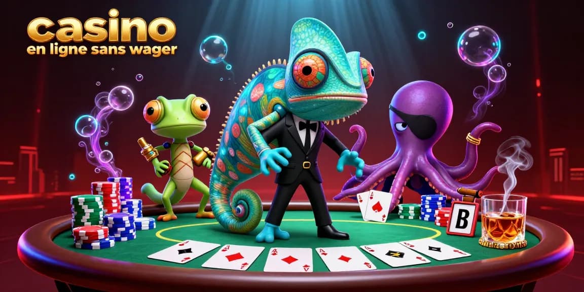 Découvrez l'illustration animée "casino en ligne sans wager" avec un chameleon agent secret et un gecko technologique.