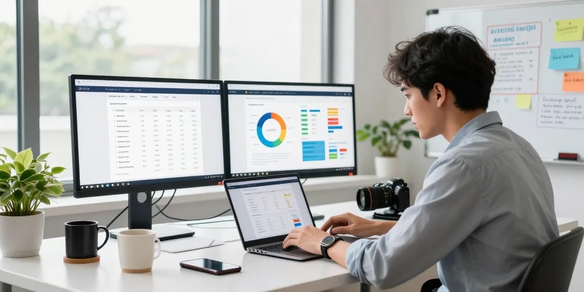 How Backlinks & Guest Posting Improve Your SEO illustrated by an SEO specialist analyzing metrics in a modern workspace.