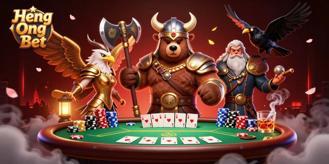 Engage in thrilling poker action with Heng Ong Bet's vibrant 3D casino illustration featuring characters and games.