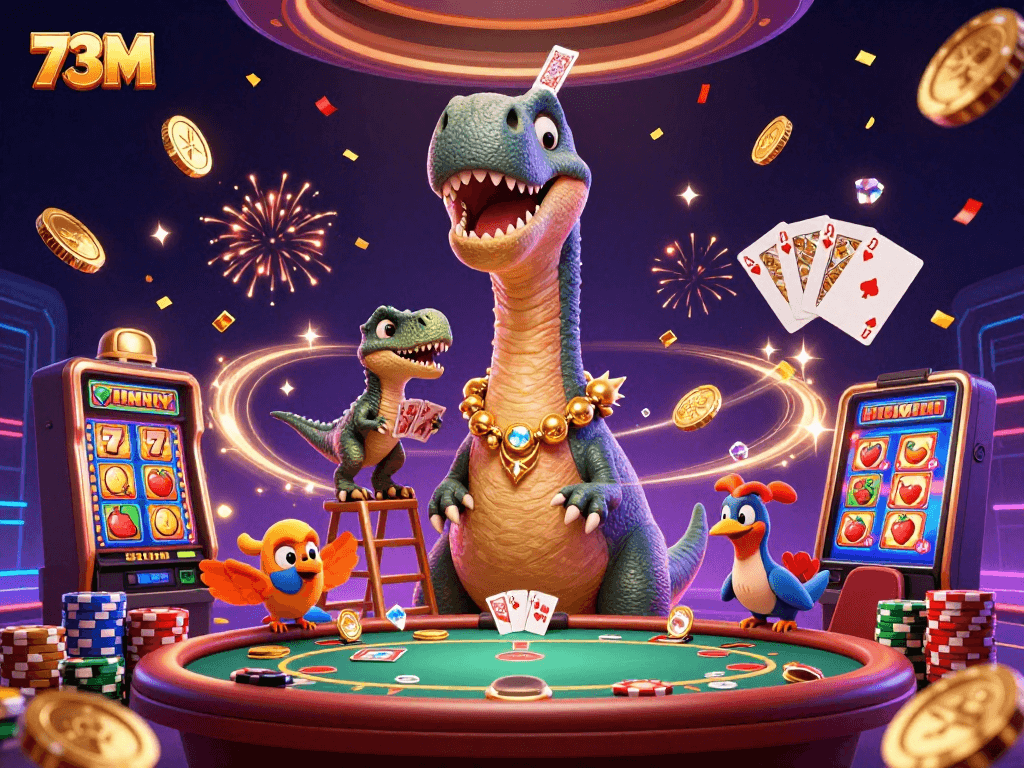 Ilustração 3D vibrante mostrando um dinossauro brontosaurus do 73M jogando cartas em um cassino cheio de emoção.