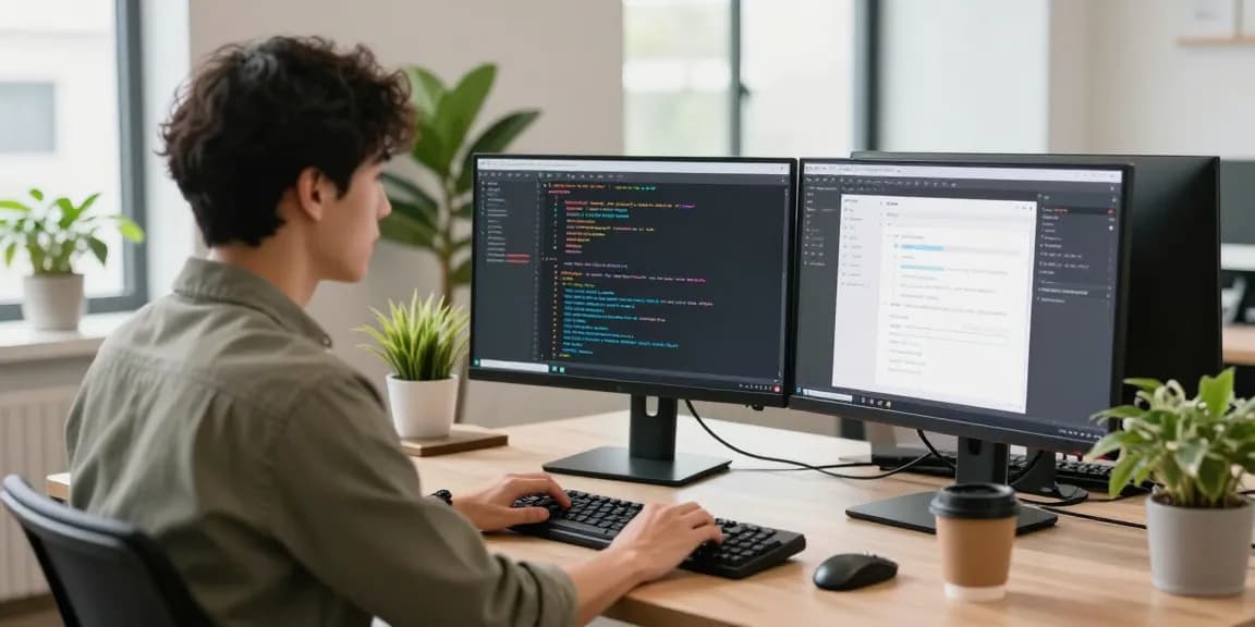Developer coding on dual monitors in a bright office with 纸飞机中文版 software applications.