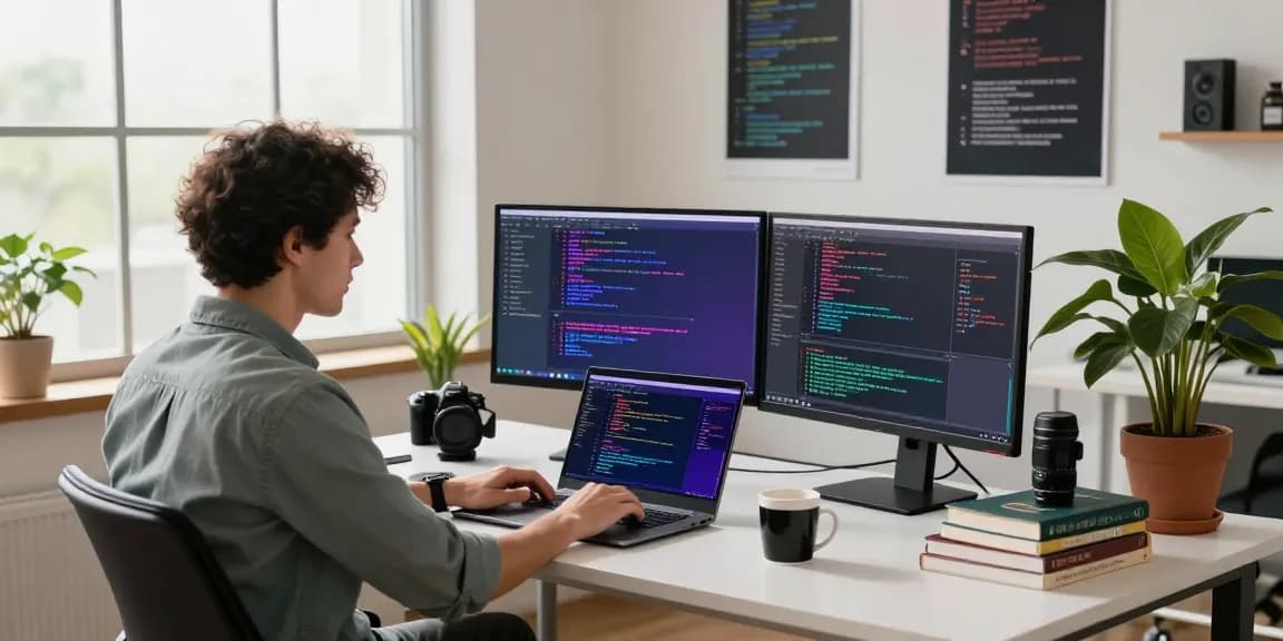 Developer coding in a tech workspace with dual monitors, showcasing 纸飞机中文版 and innovative software.