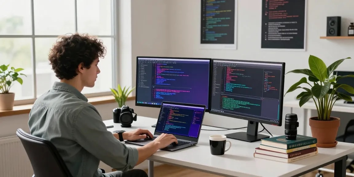 Developer coding in a tech workspace with dual monitors, showcasing 纸飞机中文版 and innovative software.