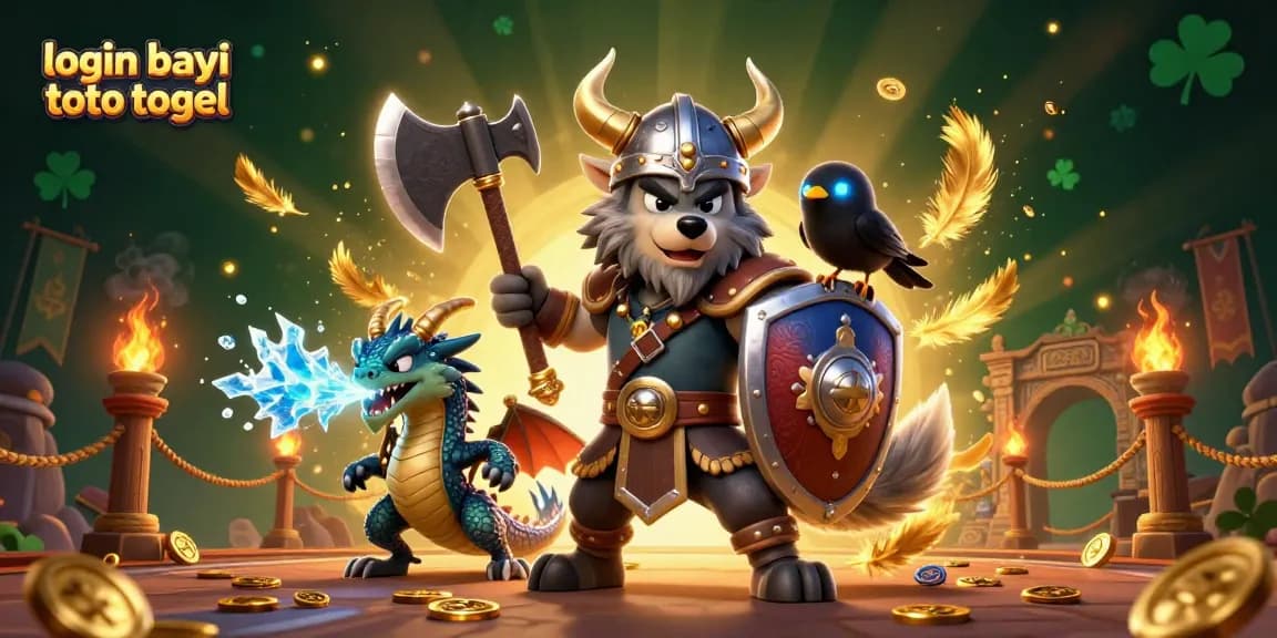 Engage with the exciting world of login bayi toto togel through a dynamic 3D casino scene featuring a Viking wolf warrior, dragon, and raven.