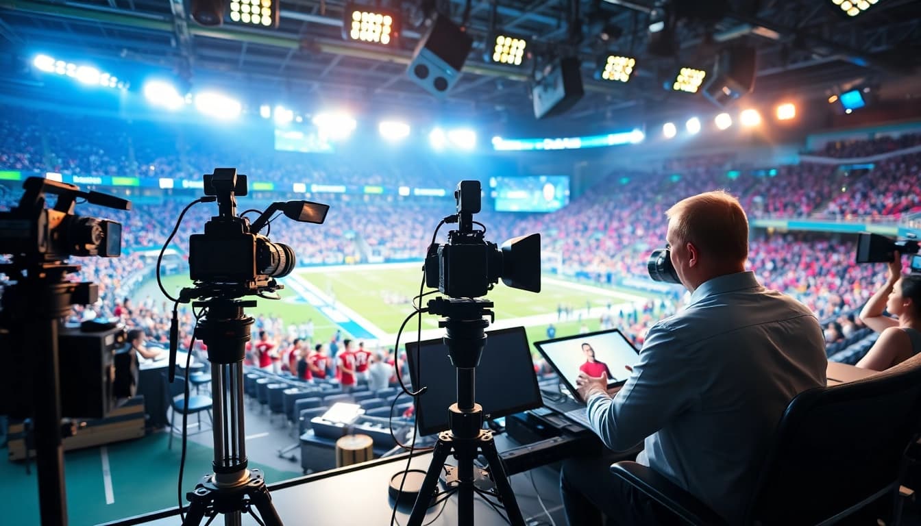 Engaging sports broadcasting studio setup showcasing a commentator and vibrant sports atmosphere.