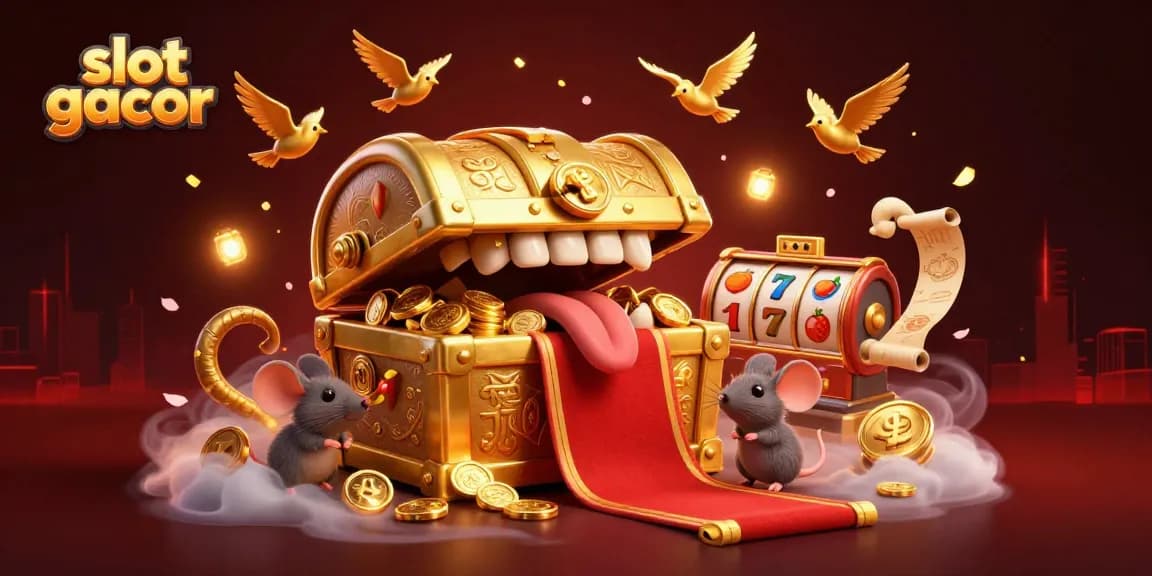 Experience slot gacor excitement with vibrant 3D casino illustration of treasure and winning elements.