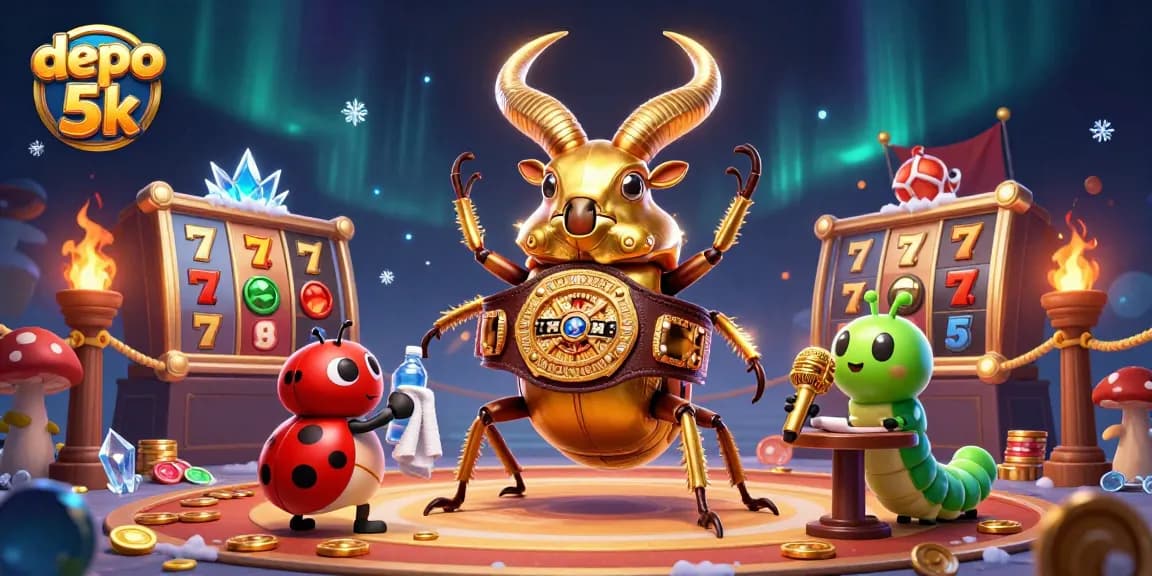 Engage in thrilling action with depo 5k as a giant stag beetle champions slot reels in a dynamic casino scene.