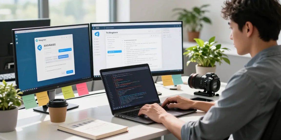Developer coding on Telegram中文版 in a modern office workspace, showcasing user interface features and a vibrant tech environment.