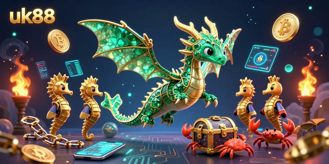Engage with the dynamic 3D scene of uk88, featuring a radiant sea dragon amidst crypto symbols highlighting casino excitement.