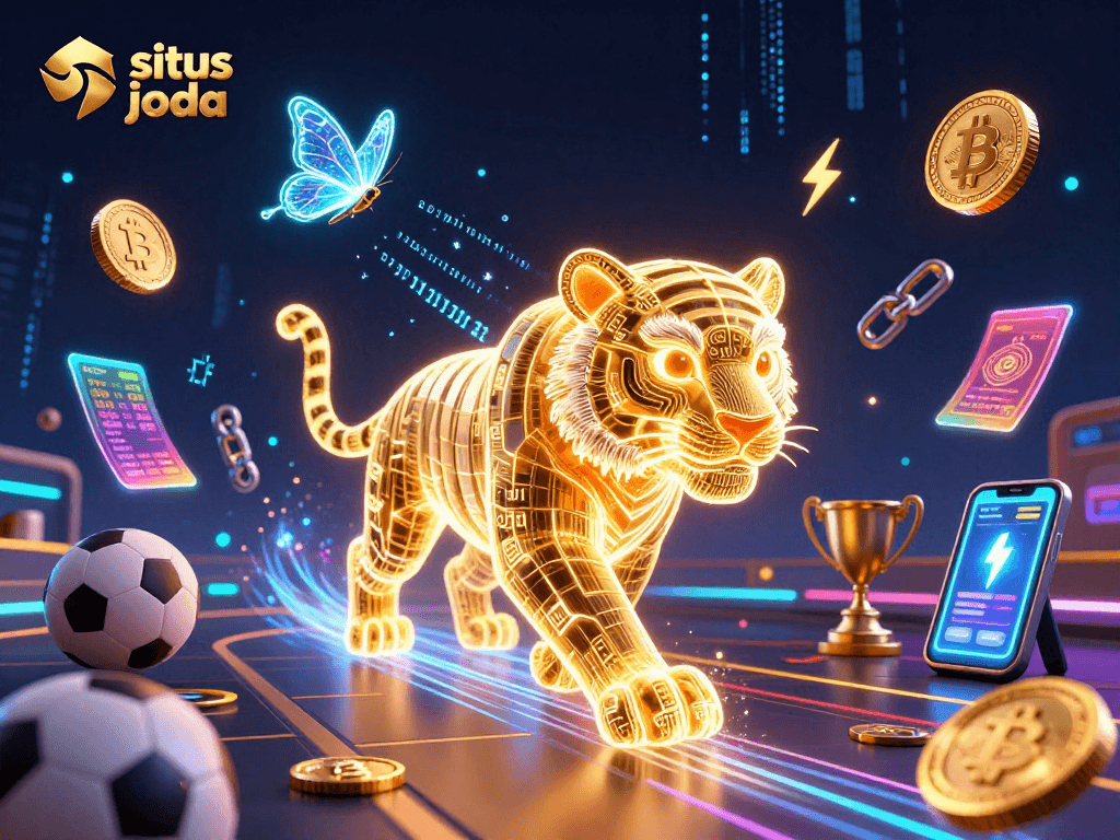 Place bets on situs judi bola with a dynamic digital casino scene featuring a golden tiger.