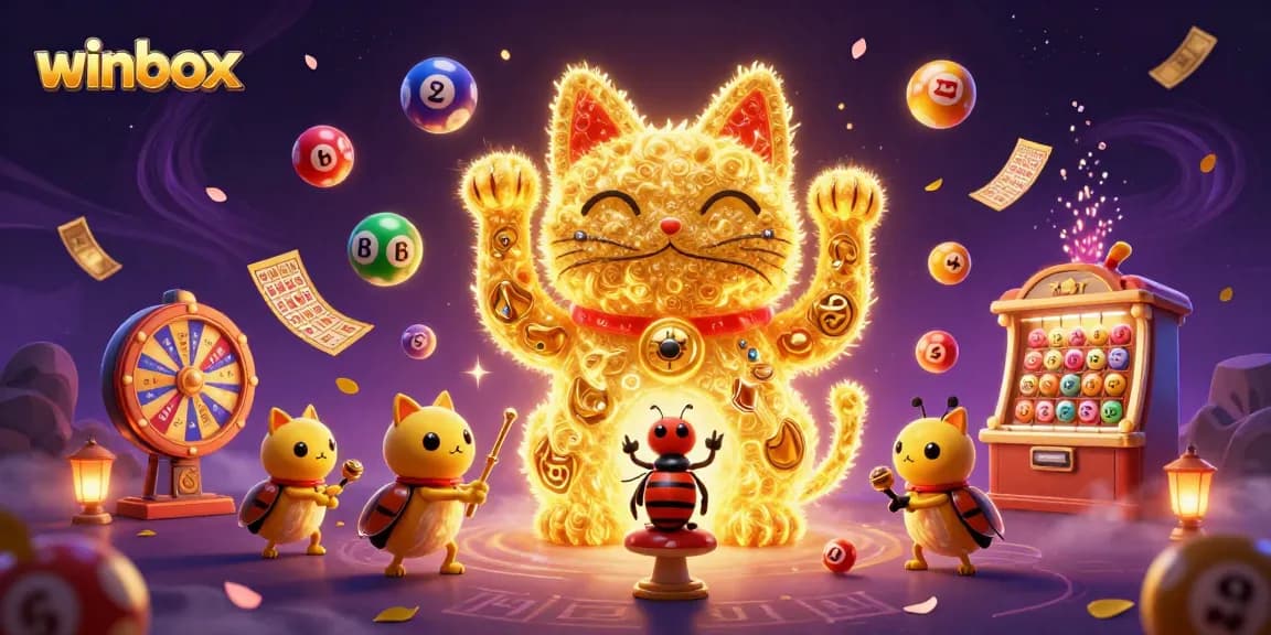 Winbox captures excitement with a golden lucky cat and dynamic lottery elements showcasing thrilling casino play.