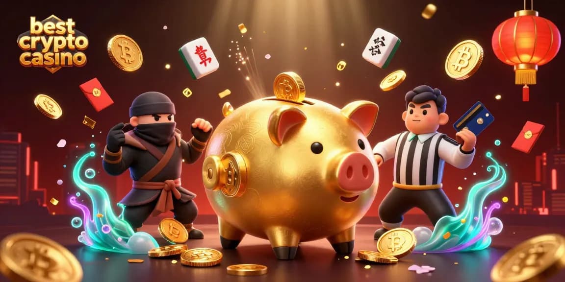Jouez au meilleur casino crypto avec des personnages colorés et des effets de lumière éblouissants, réunis autour de pièces Bitcoin.