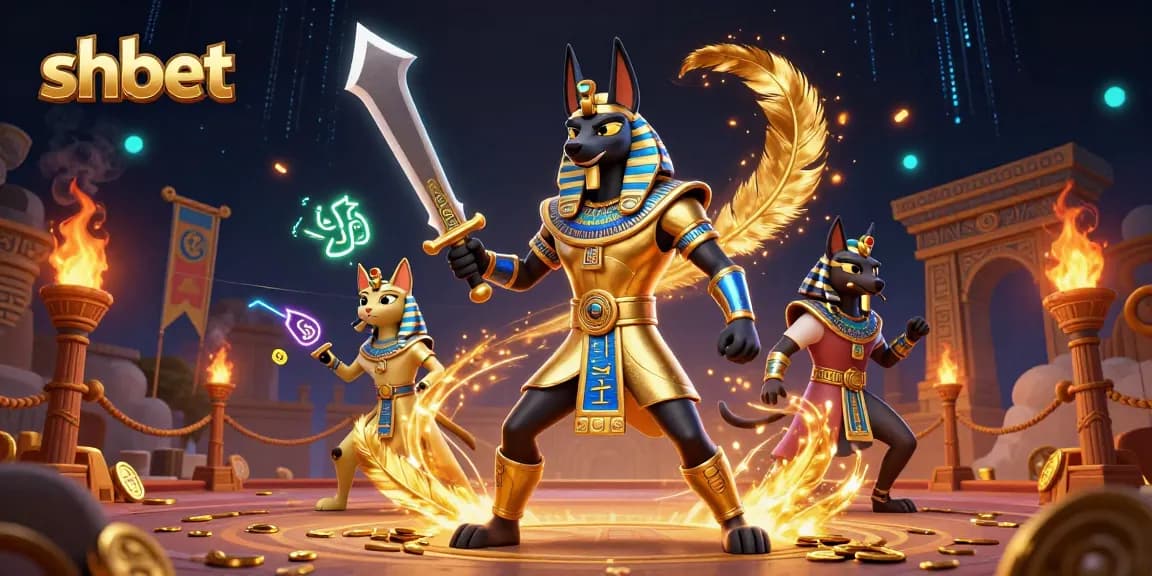 Engage in thrilling gaming action at shbet, featuring a dynamic 3D scene with Anubis and Bastet.