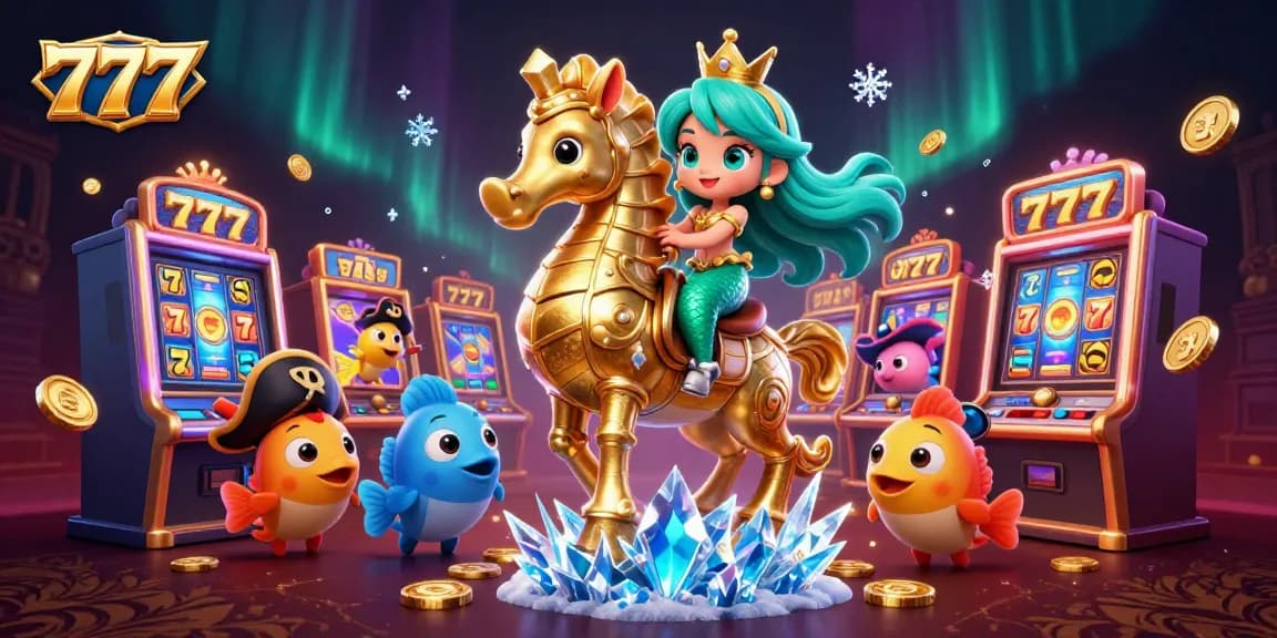 Spin the 777 slot reels with a vibrant mermaid princess in a dazzling casino setting.