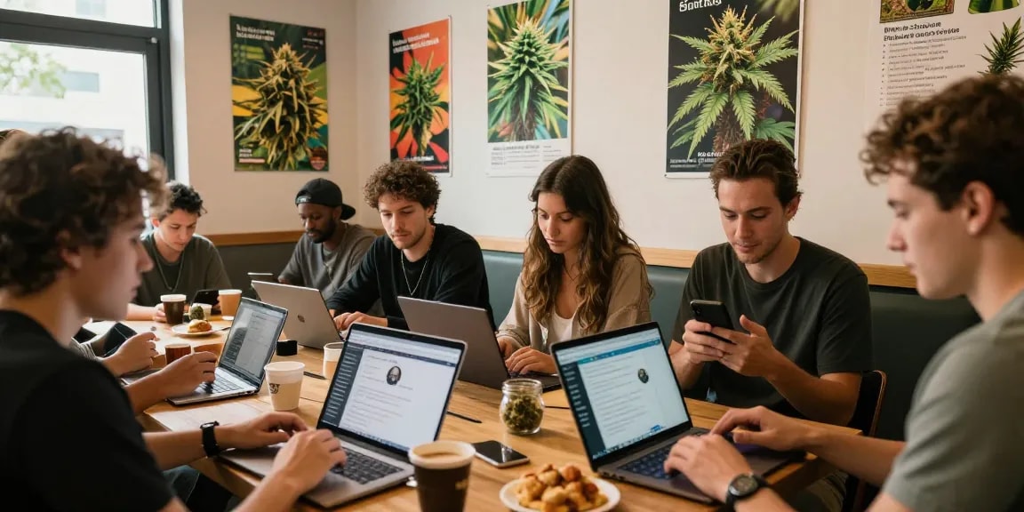 uk weed telegram community discussing cannabis trends in a cozy coffee shop