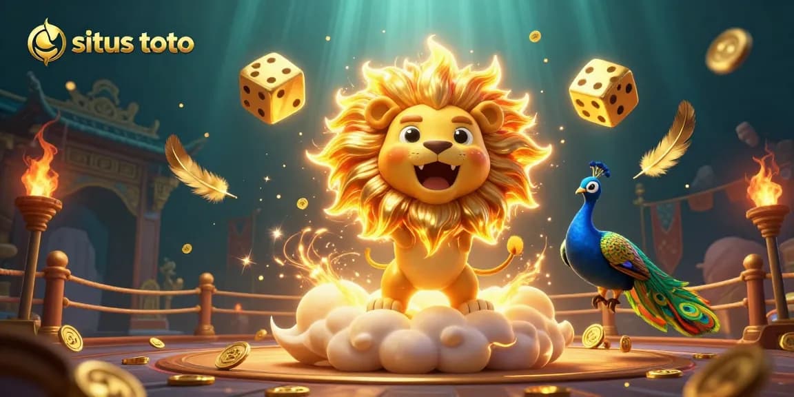 Situs toto immersive gaming scene with a roaring sun lion, golden dice, and dynamic casino elements.