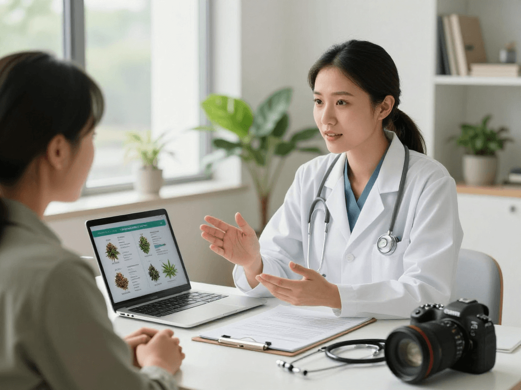 Doctor discussing medical marijuana card options during a telehealth consultation, creating a supportive and hopeful atmosphere.