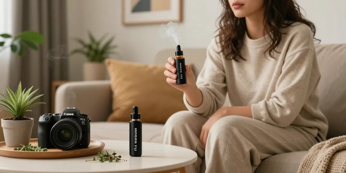 Enjoying the calming effects of buy-indica-vape-c-liquid in a serene indoor space.
