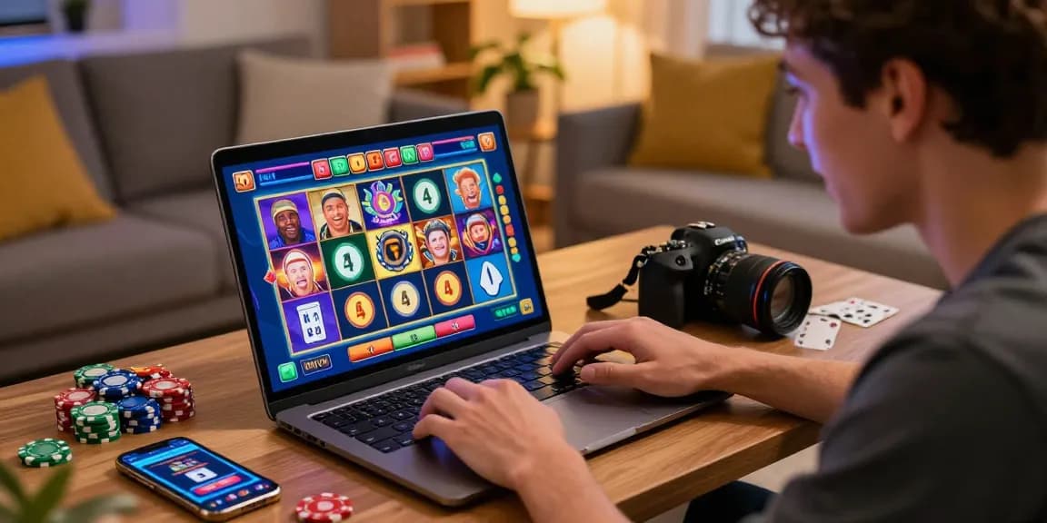 Player enjoying an engaging slot game online in a cozy gaming setup.