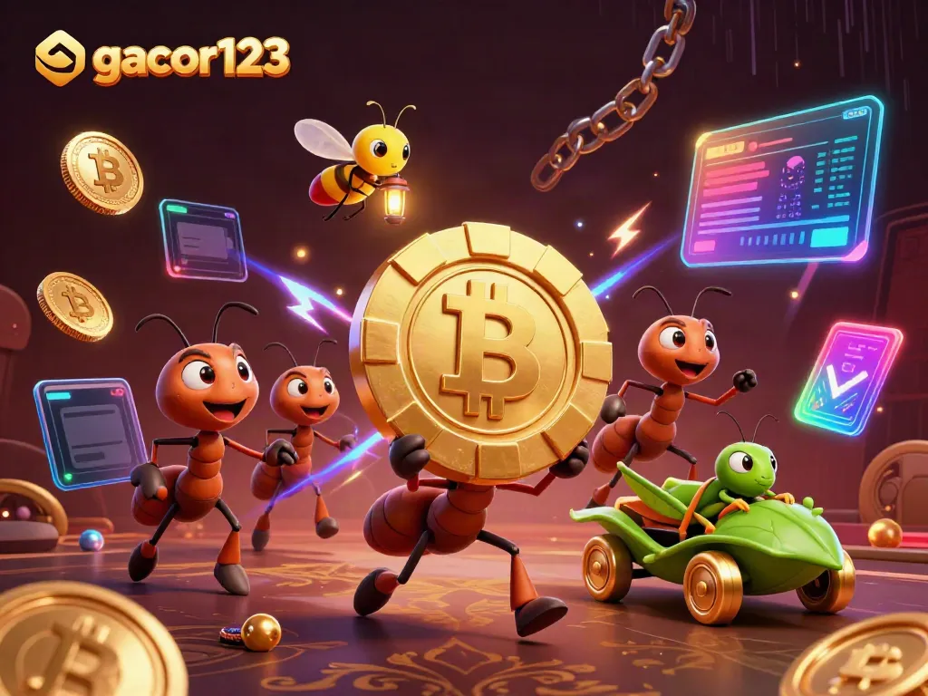 Engage with gacor123, witnessing a 3D cartoon heist scene vibrant with crypto elements.