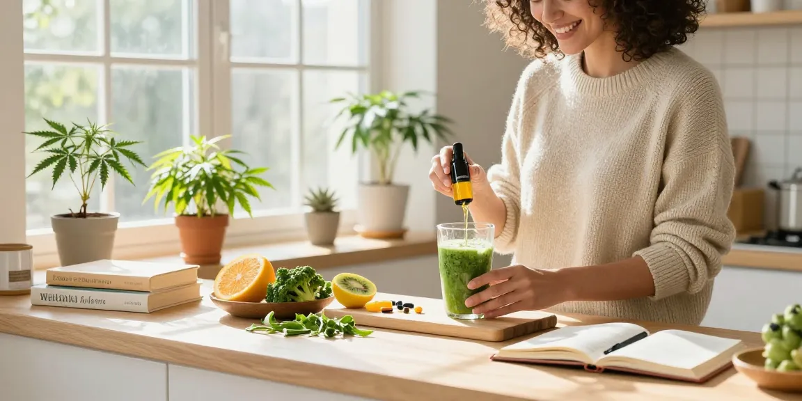 Muha Meds CBD oil being added to a healthy smoothie in a bright kitchen, showcasing natural wellness.