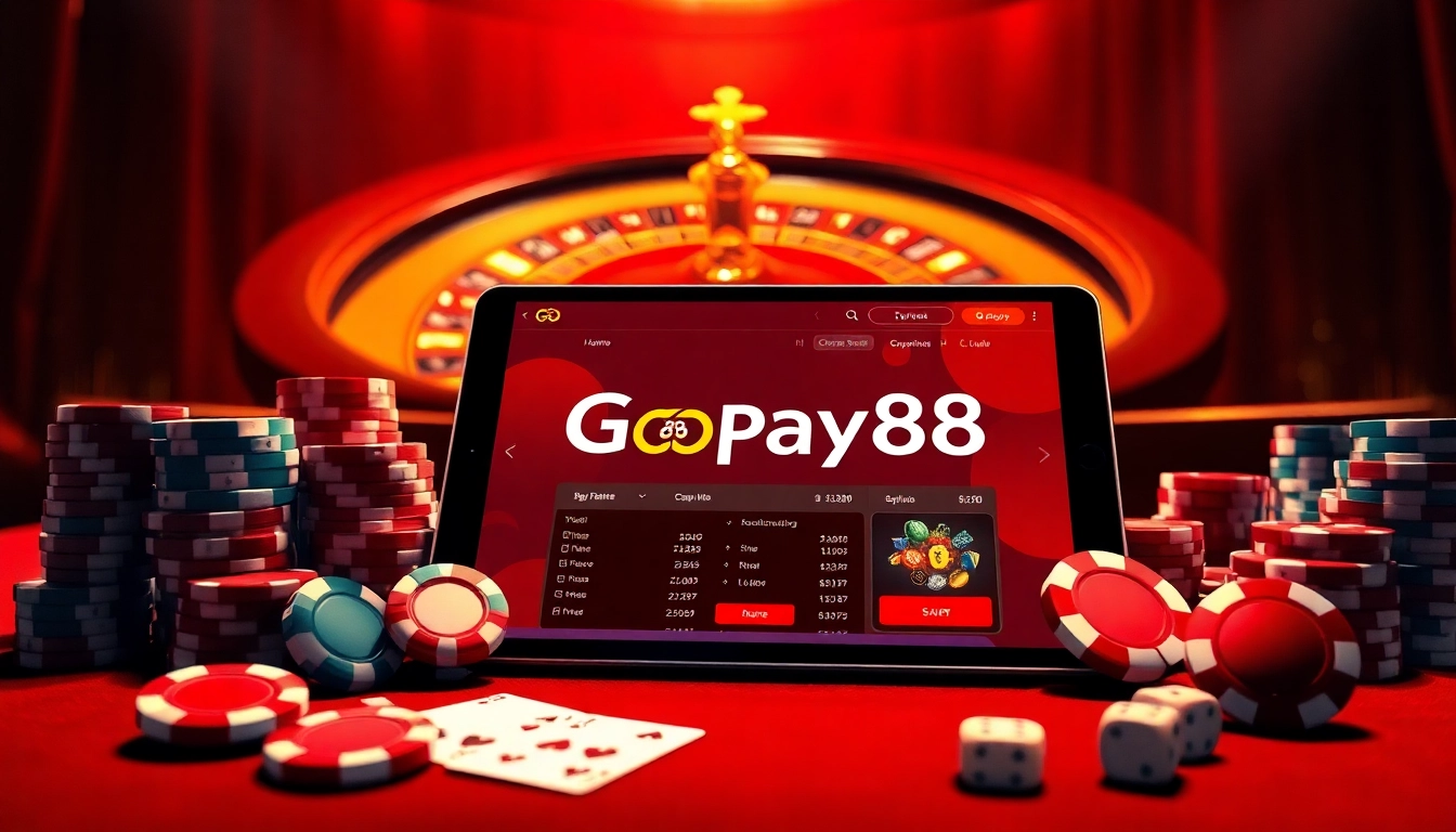 Exciting Gopay88 online gambling interface displayed with poker chips and dice in a luxurious casino setting.