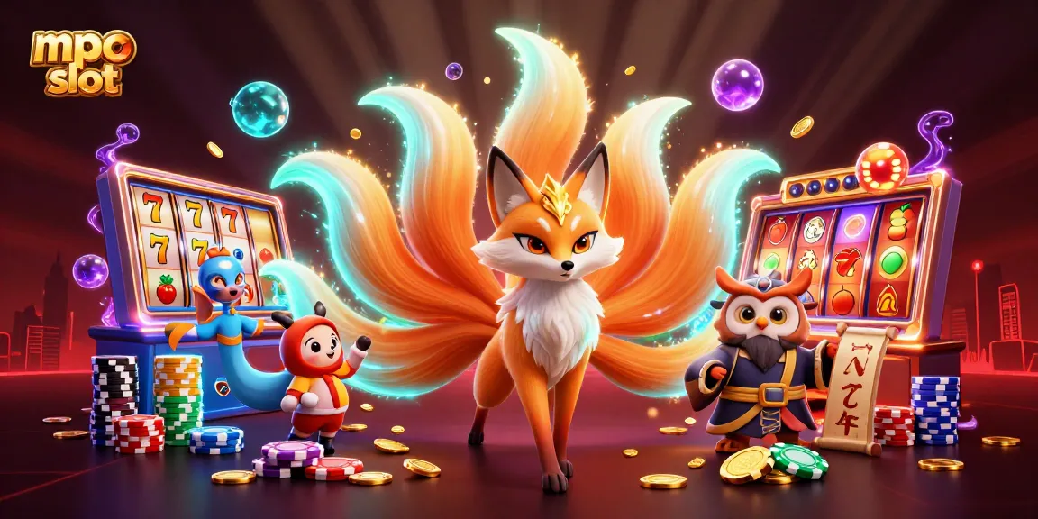 Play mpo slot with vibrant slot reels, a nine-tailed fox spirit, and a wise owl sage amidst colorful casino elements.