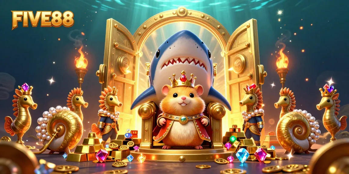 Experience excitement with FIVE88, showcasing a lavish underwater casino theme with treasure and royalty.