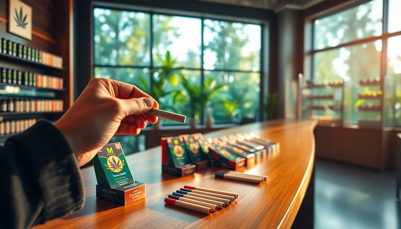 Showcasing cost for ounce of weed with pre-rolled joints in a modern dispensary setting.