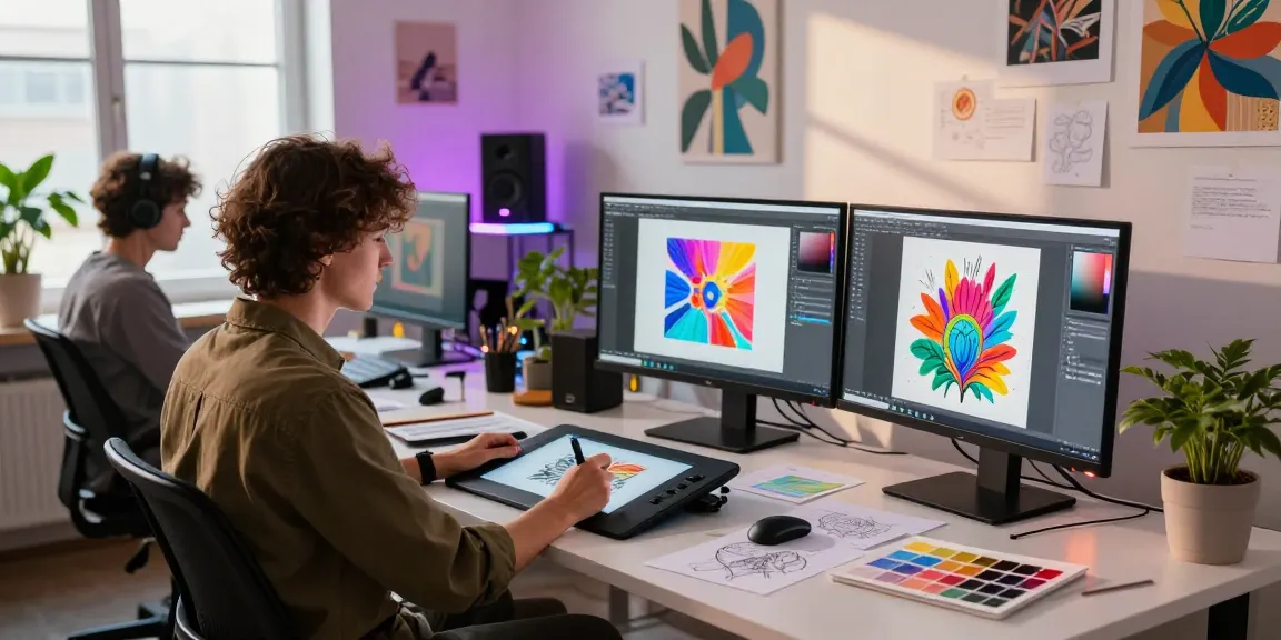 AI prompt image creation in a vibrant digital art studio showcasing creativity and design.
